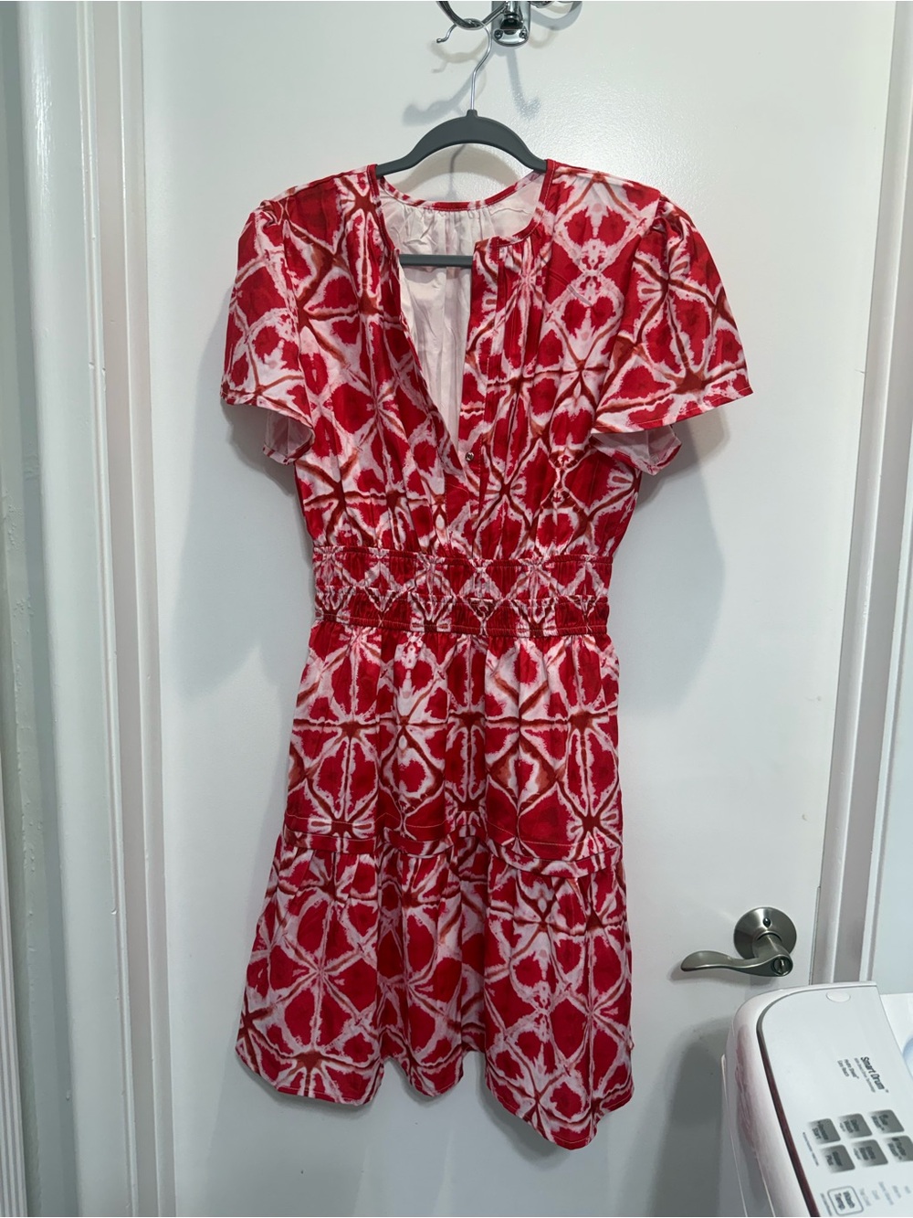 Amazon Red and White V-Neck Smocked Waist Mini Dress